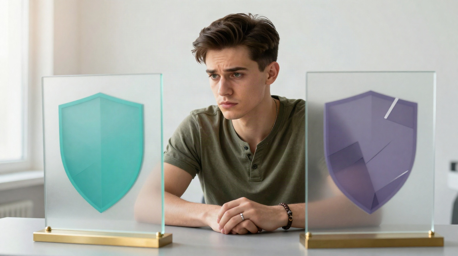 Person comparing an intact guarantee shield panel with a fragmented uninsured panel, illustrating the absence of deposit insurance for Solana staking