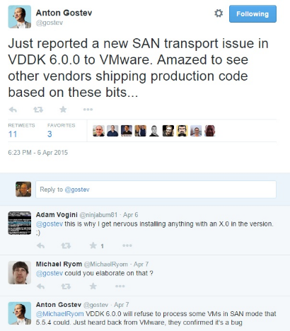 Если вы читаете   Форумы Veeam   еженедельные дайджесты или следите в Твиттере, вы, вероятно, видели, как он упоминал о том, что мы обнаружили серьезную ошибку в транспорте прямого доступа SAN с vSphere 6: