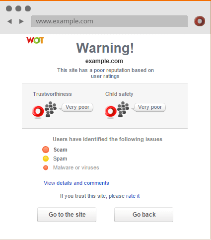 Если вы открываете плохой веб-сайт, вы сначала попадаете на экран предупреждения WOT
